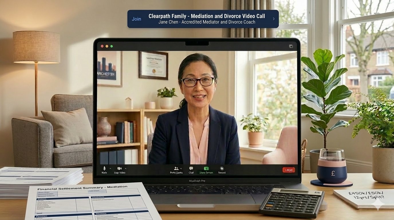 Financial mediation session via video call with documents